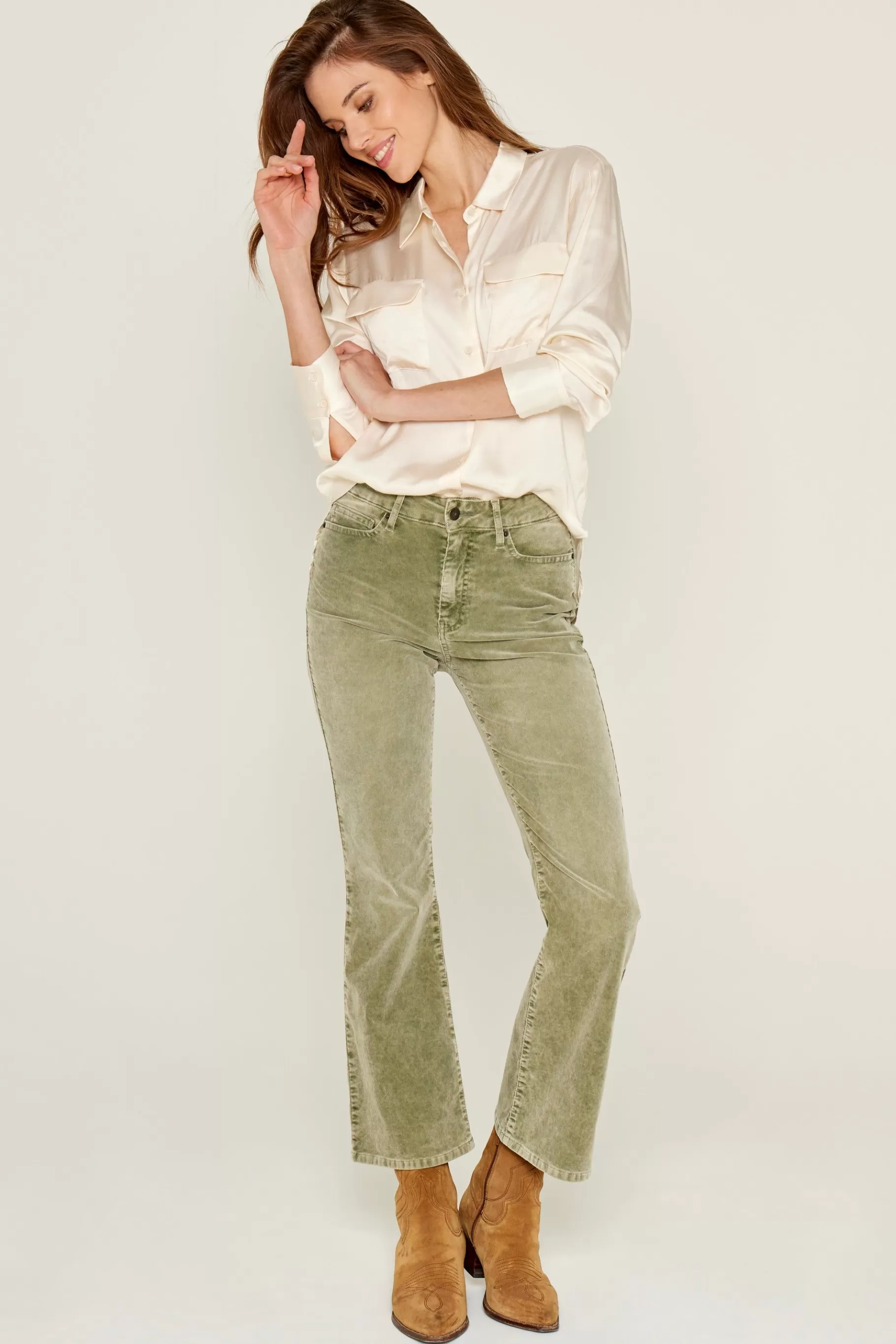 Pants-Five Jeans 597 Maylan Flare Cropped Trousers Khaki